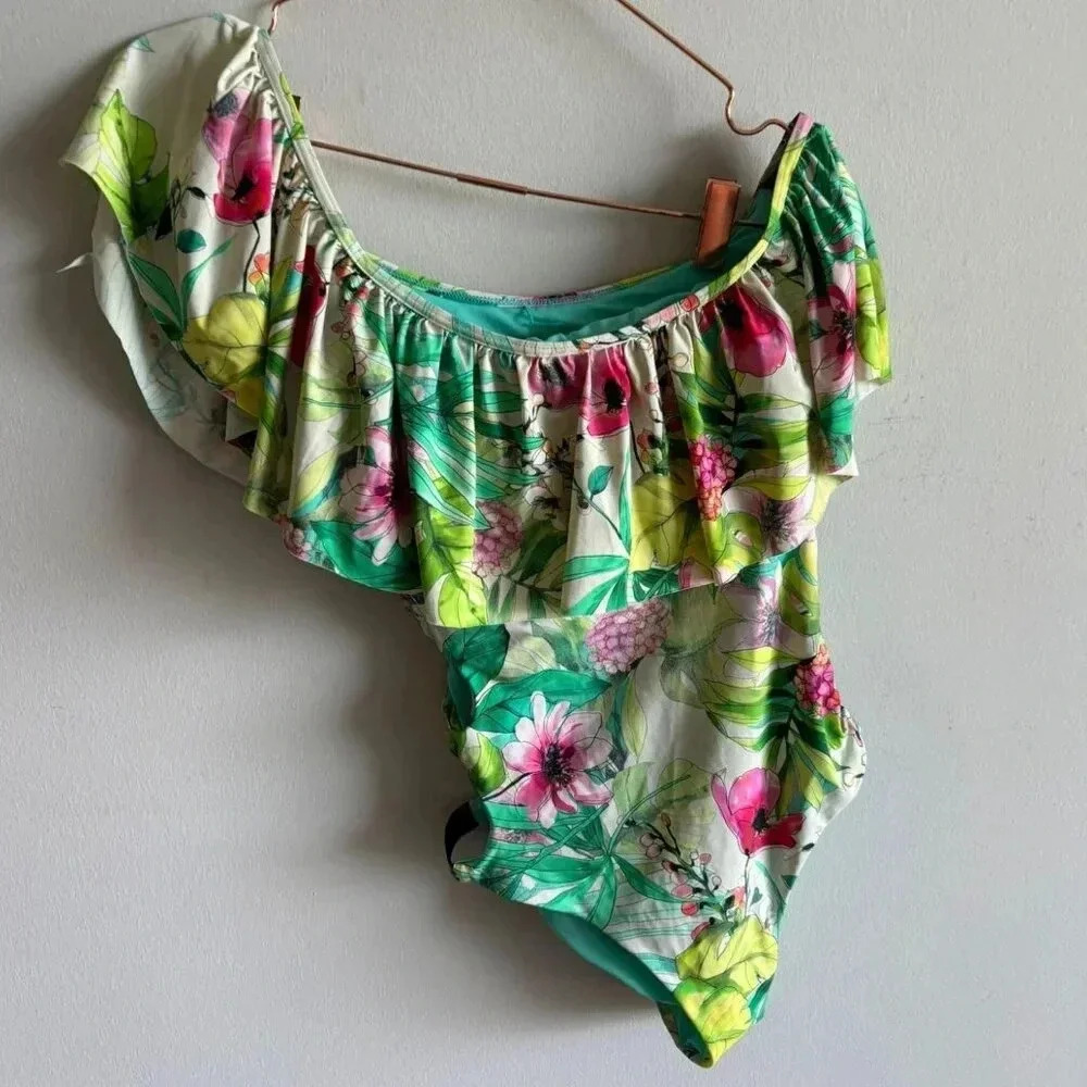 Bebe Womens Tropical Print One Shoulder Swimsuit Multicolor Size Medium